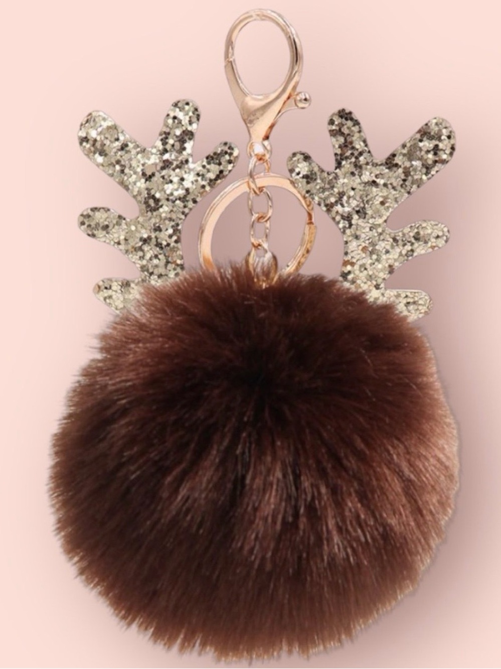 Brown Faux Fur Pom Pom Keychain with Glitter Antlers
